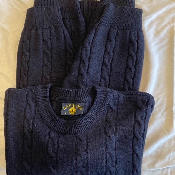 Navigare Men Crew-Neck Pullover Sweater L DARK Navy Merino Wool - Picture 1 of 6